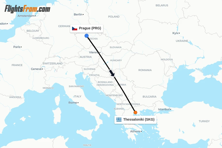 Flights from Prague to Thessaloniki route map