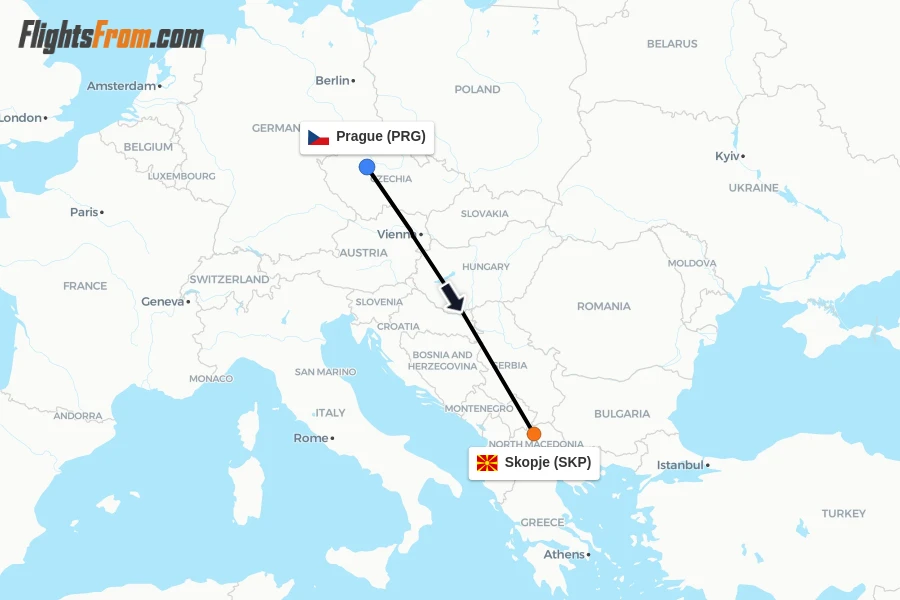 Flights from Prague to Skopje route map