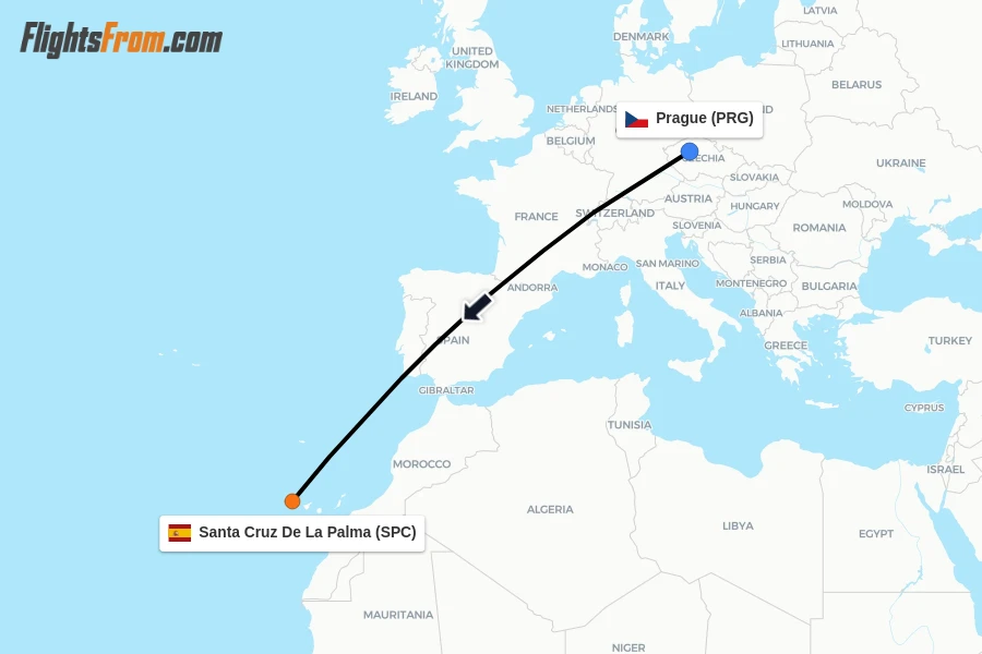 Flights from Prague to Santa Cruz De La Palma route map