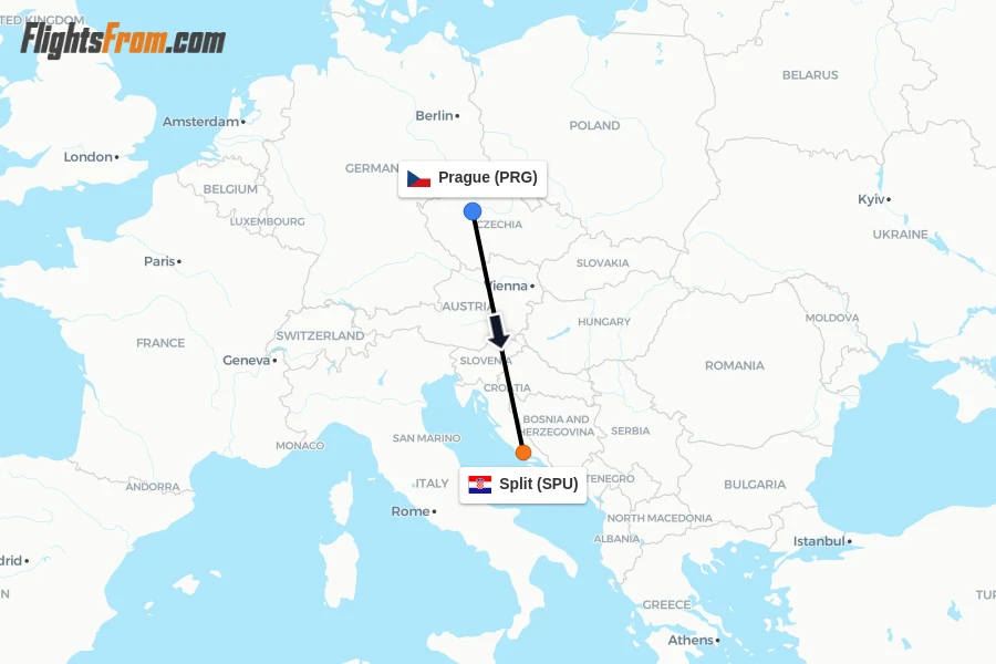 Flights from Prague to Split route map