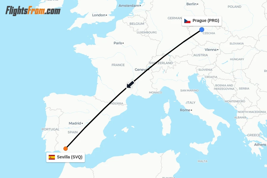 Flights from Prague to Sevilla route map