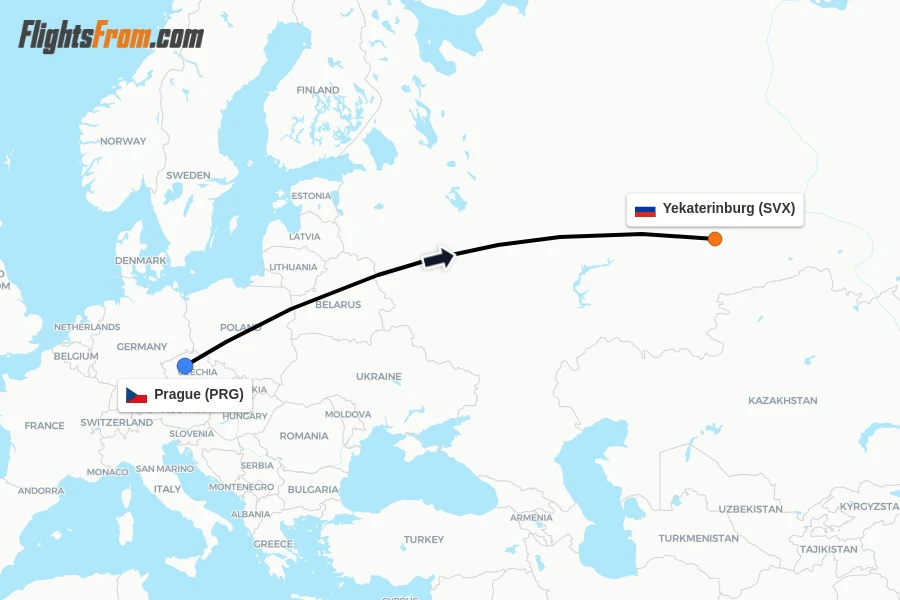 Flights from Prague to Yekaterinburg route map