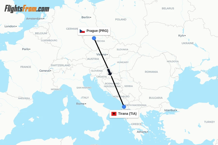 Flights from Prague to Tirana route map