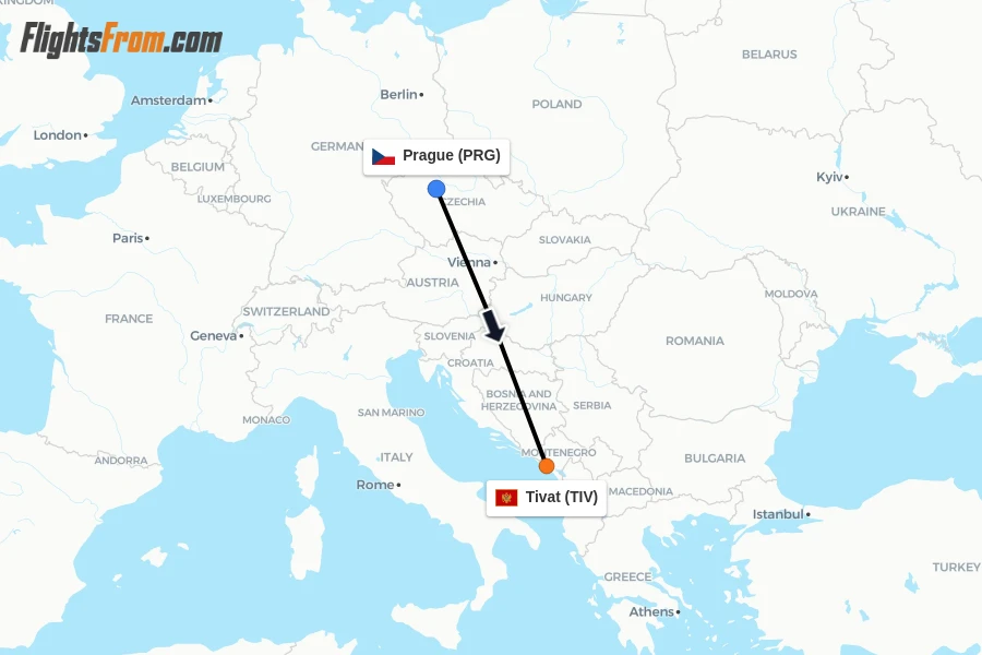 Flights from Prague to Tivat route map