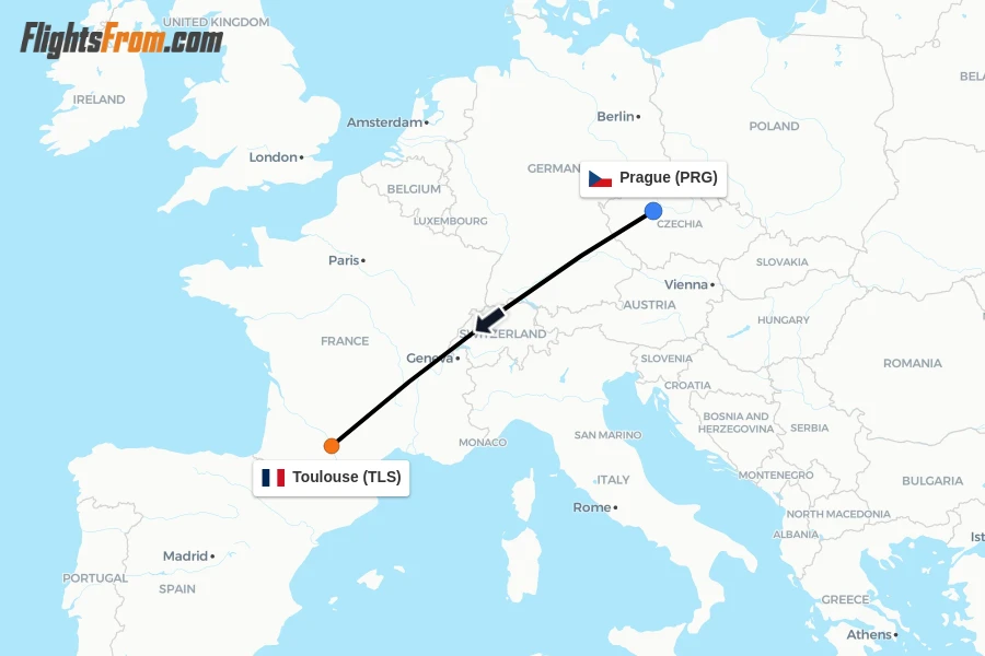 Flights from Prague to Toulouse route map