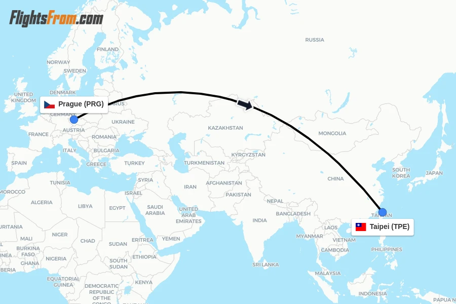 Flights from Prague to Taipei route map