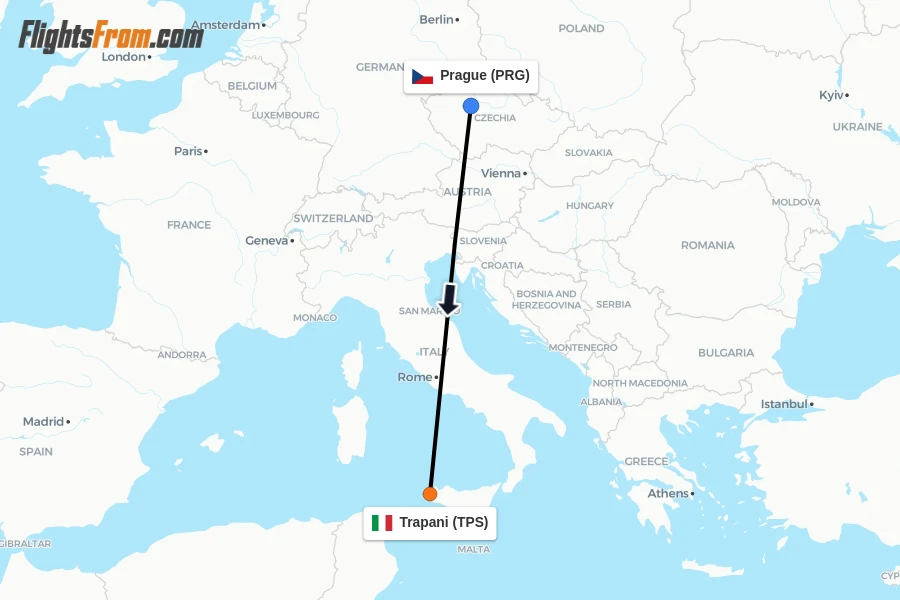Flights from Prague to Trapani route map