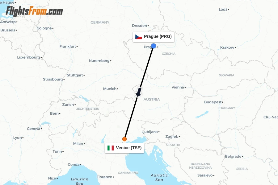 Flights from Prague to Venice route map