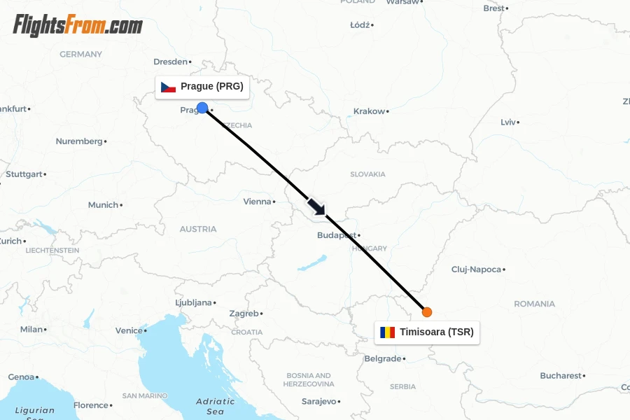 Flights from Prague to Timisoara route map
