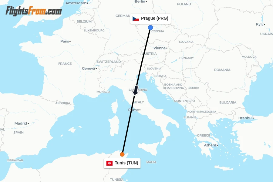 Flights from Prague to Tunis route map