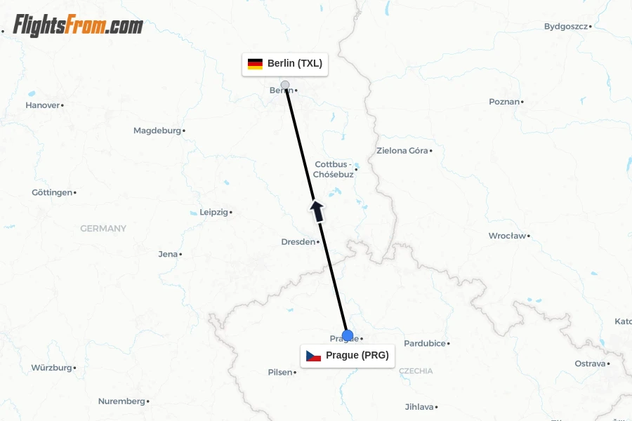 Flights from Prague to Berlin route map