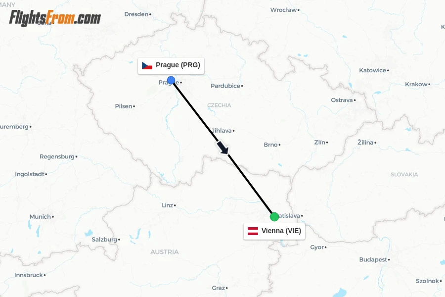 Flights from Prague to Vienna route map