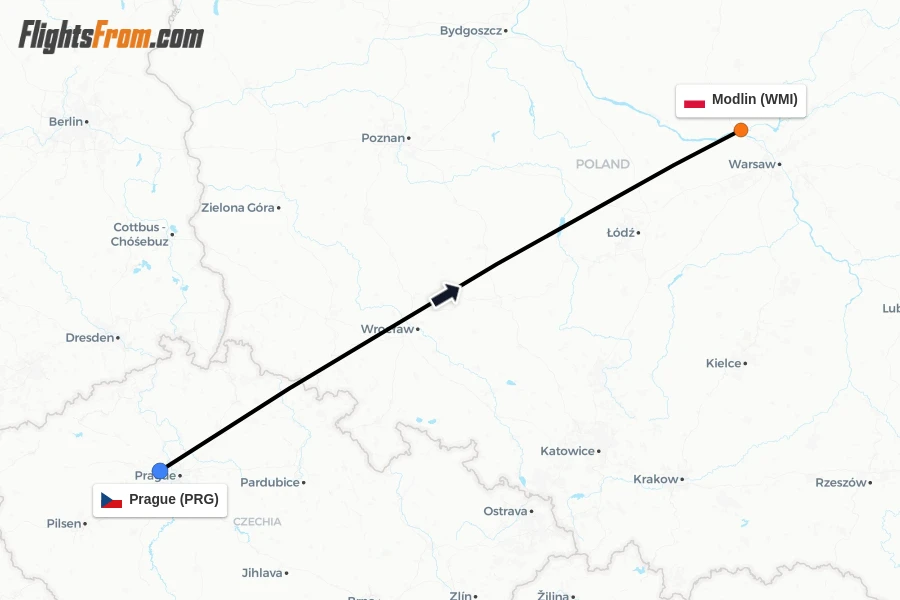 Flights from Prague to Modlin route map