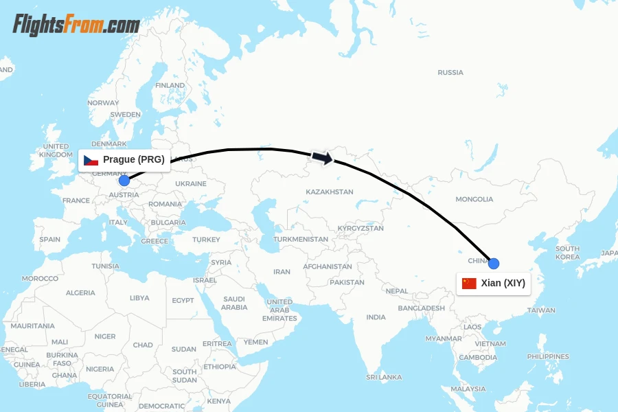 Flights from Prague to Xian route map