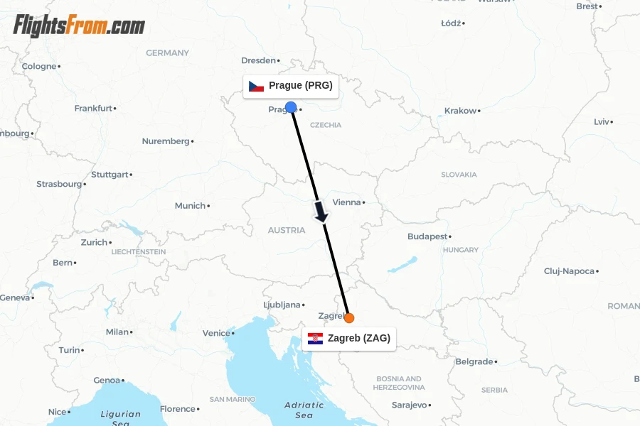 Flights from Prague to Zagreb route map