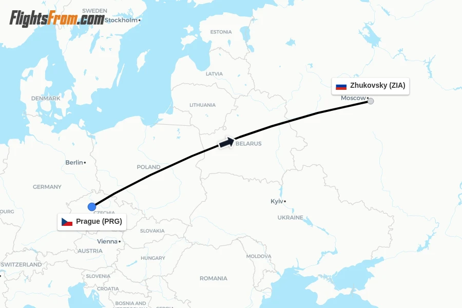 Flights from Prague to Zhukovsky route map