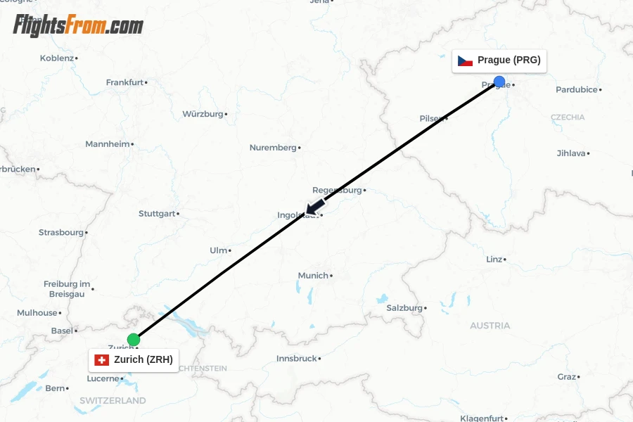Flights from Prague to Zurich route map