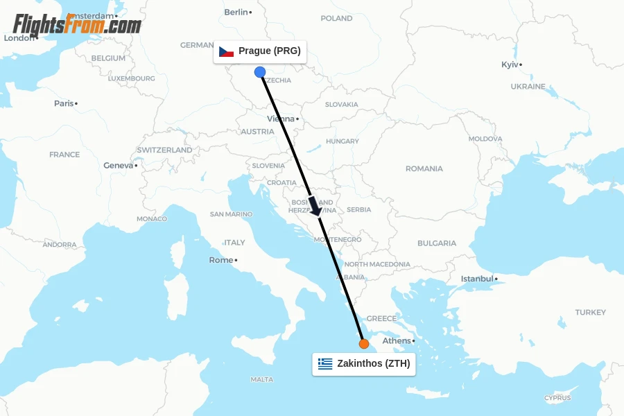 Flights from Prague to Zakinthos route map