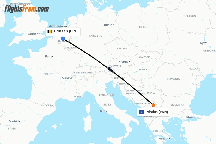 Flights from Pristina to Brussels route map