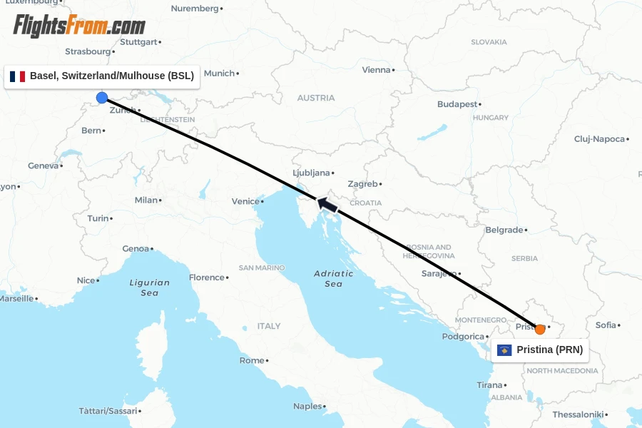 Flights from Pristina to Basel, Switzerland/Mulhouse route map