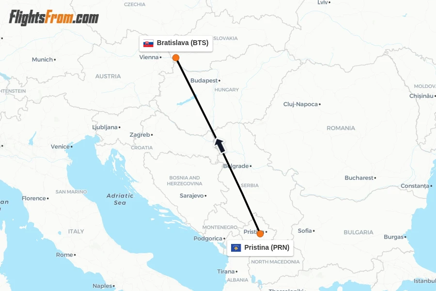 Flights from Pristina to Bratislava route map