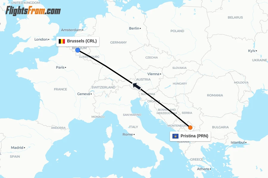 Flights from Pristina to Brussels route map