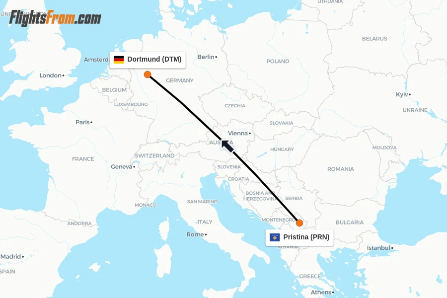 Flights from Pristina to Dortmund route map