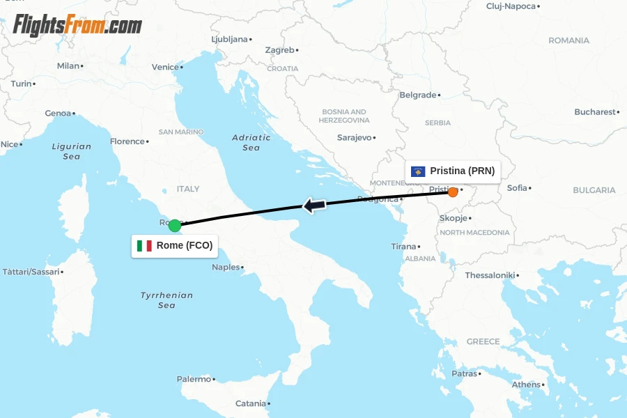 Flights from Pristina to Rome route map