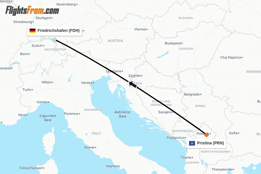Flights from Pristina to Friedrichshafen route map