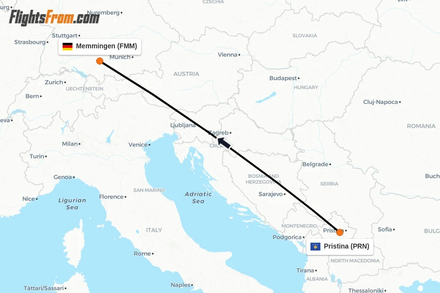 Flights from Pristina to Memmingen route map