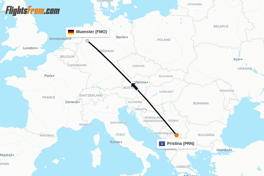 Flights from Pristina to Muenster route map