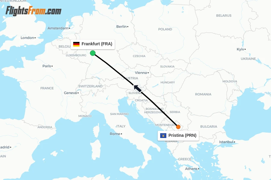 Flights from Pristina to Frankfurt route map