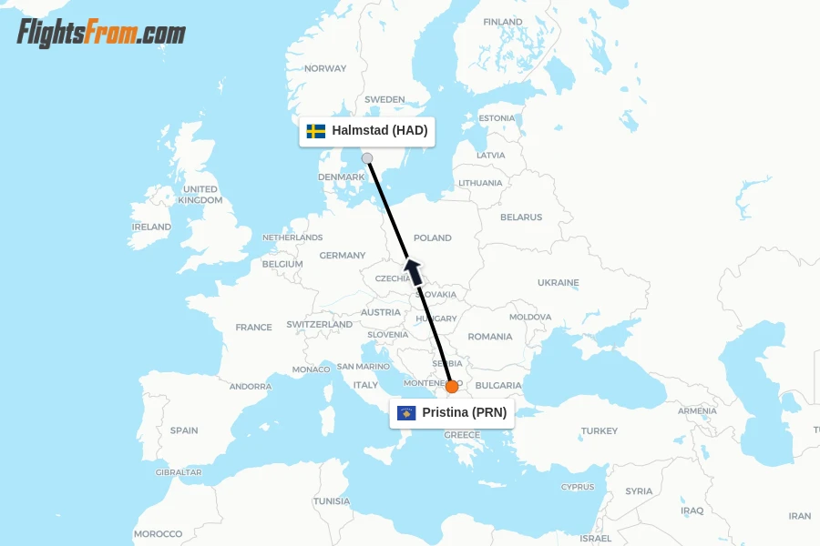 Flights from Pristina to Halmstad route map