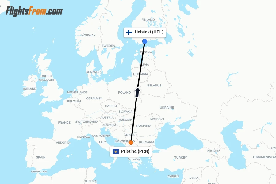 Flights from Pristina to Helsinki route map