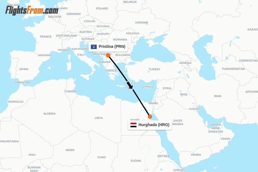 Flights from Pristina to Hurghada route map