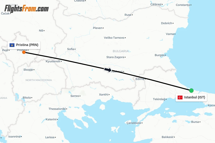 Flights from Pristina to Istanbul route map