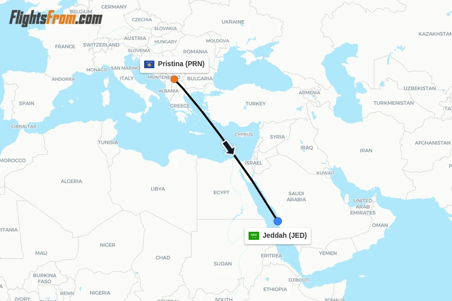 Flights from Pristina to Jeddah route map