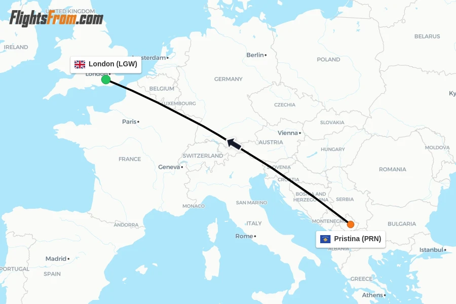 Flights from Pristina to London route map