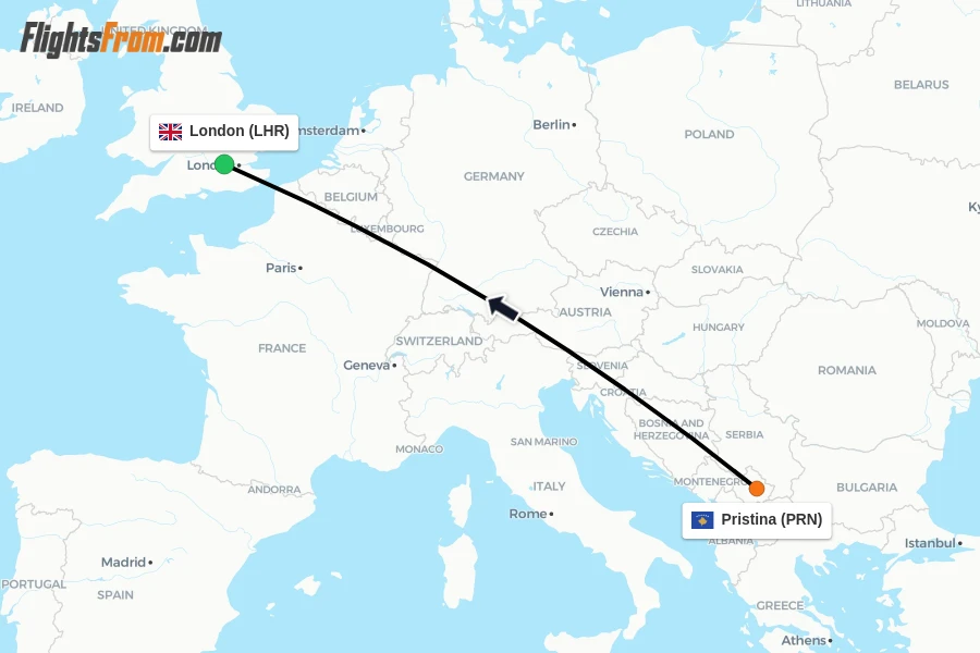 Flights from Pristina to London route map