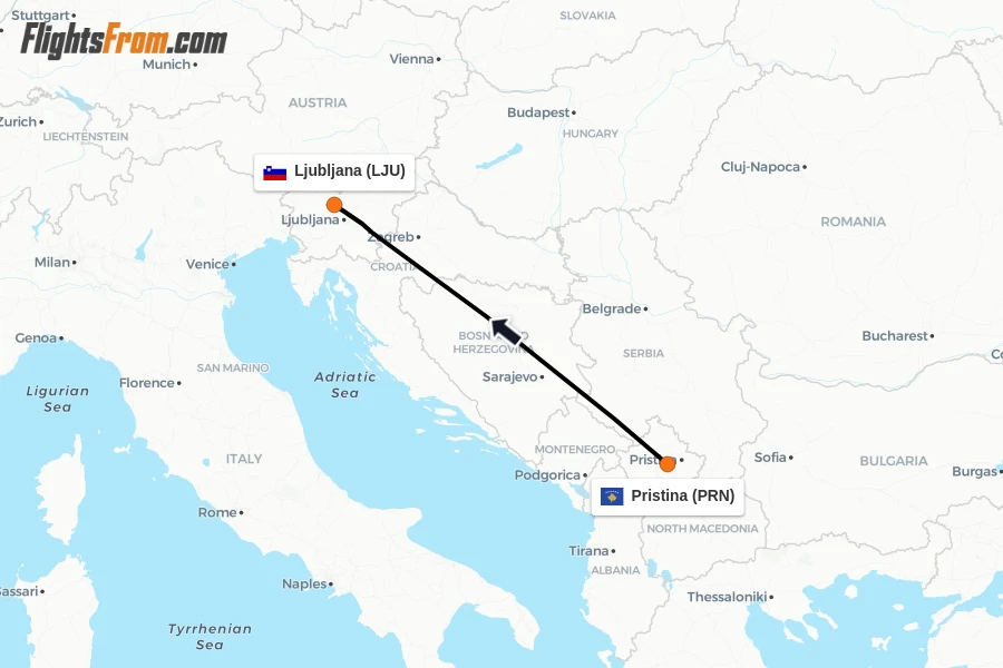 Flights from Pristina to Ljubljana route map