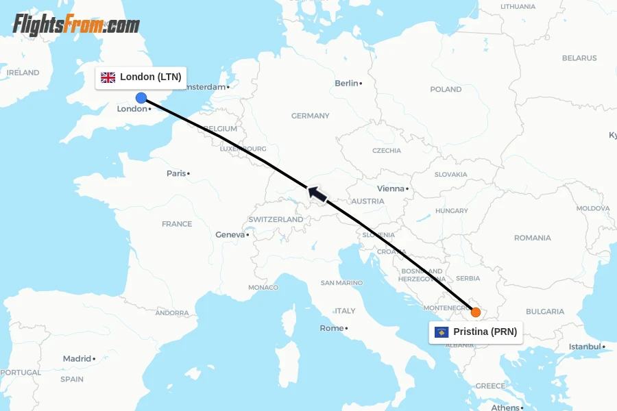 Flights from Pristina to London route map