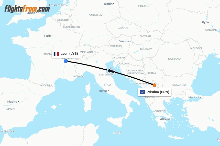 Flights from Pristina to Lyon route map