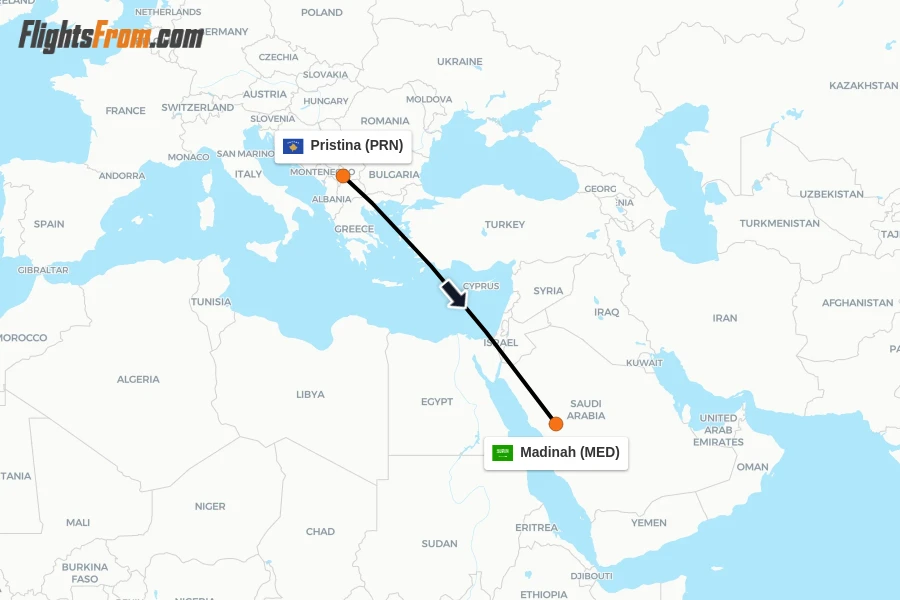 Flights from Pristina to Madinah route map