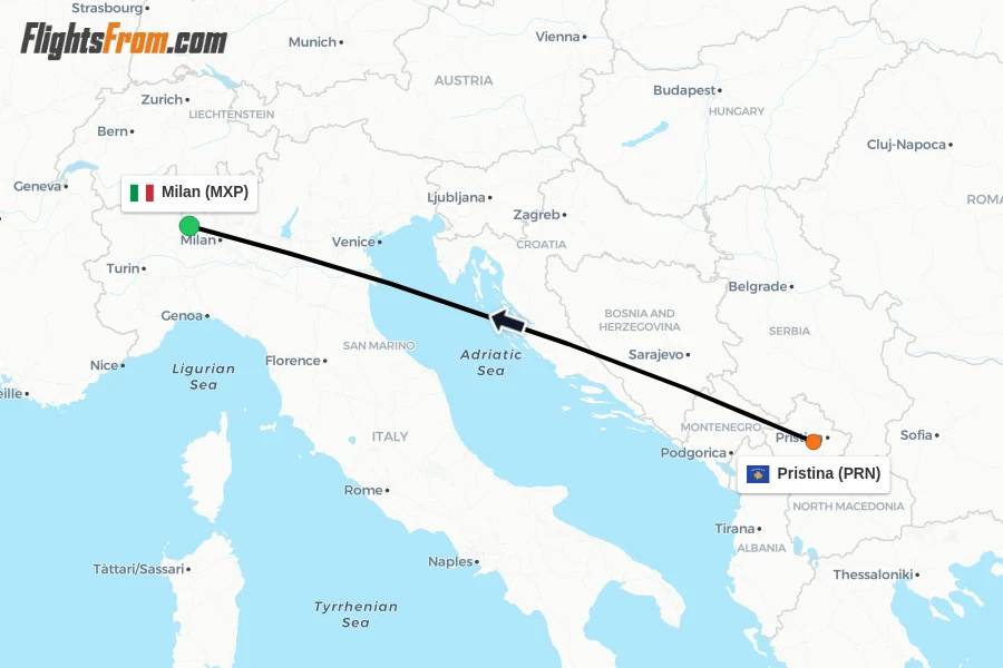 Flights from Pristina to Milan route map