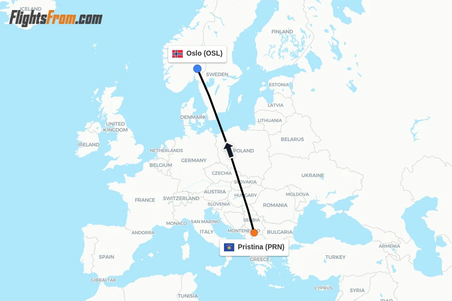 Flights from Pristina to Oslo route map