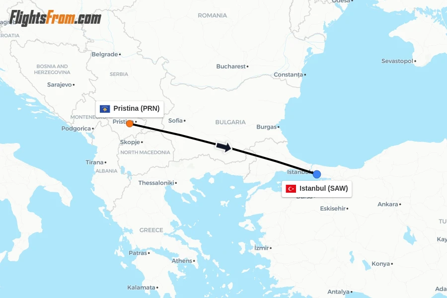 Flights from Pristina to Istanbul route map