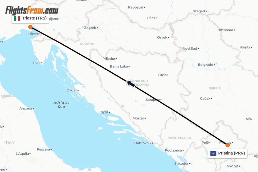 Flights from Pristina to Trieste route map