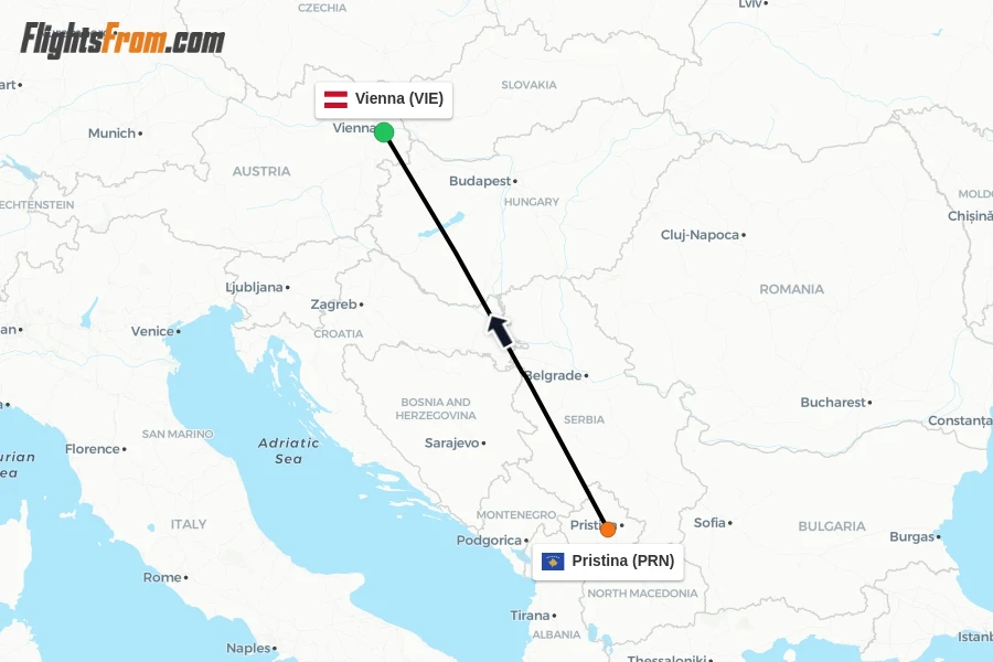 Flights from Pristina to Vienna route map