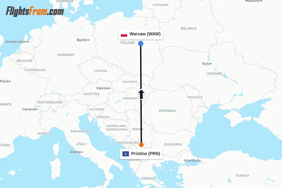 Flights from Pristina to Warsaw route map