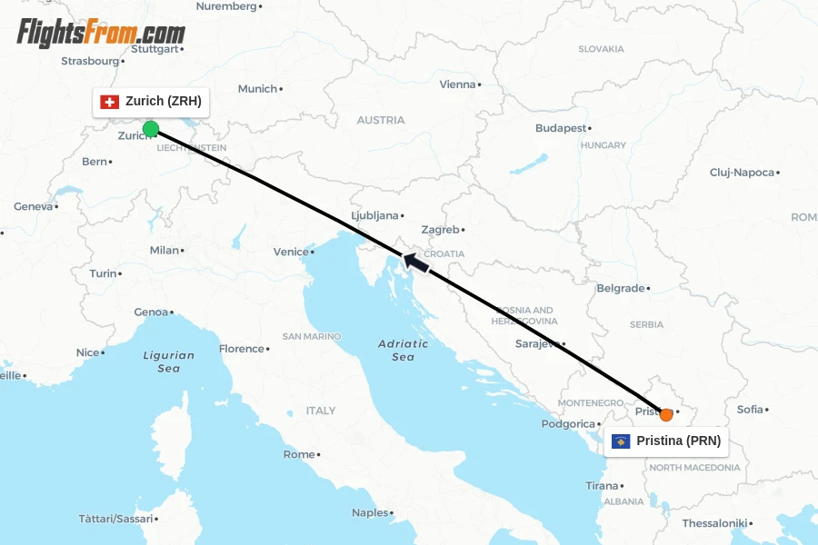 Flights from Pristina to Zurich route map